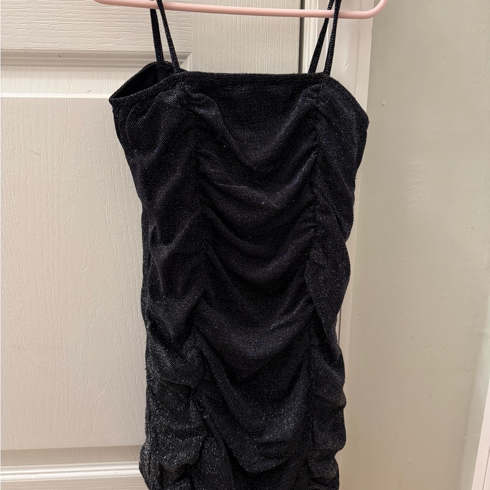 Black Sparkly Ruched Spaghetti Strap Dress